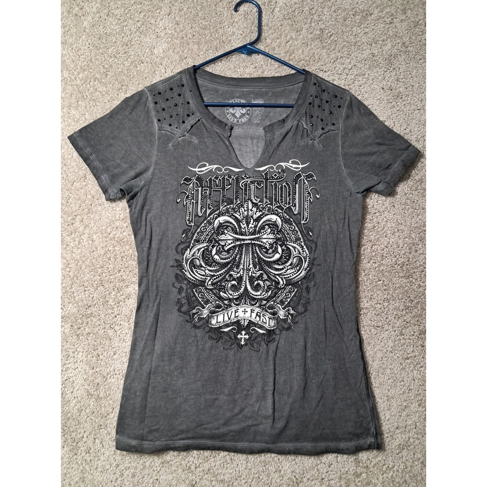Affliction Top Women XL Gray Live Fast Graphic Studded Split Neck Short Sleeve